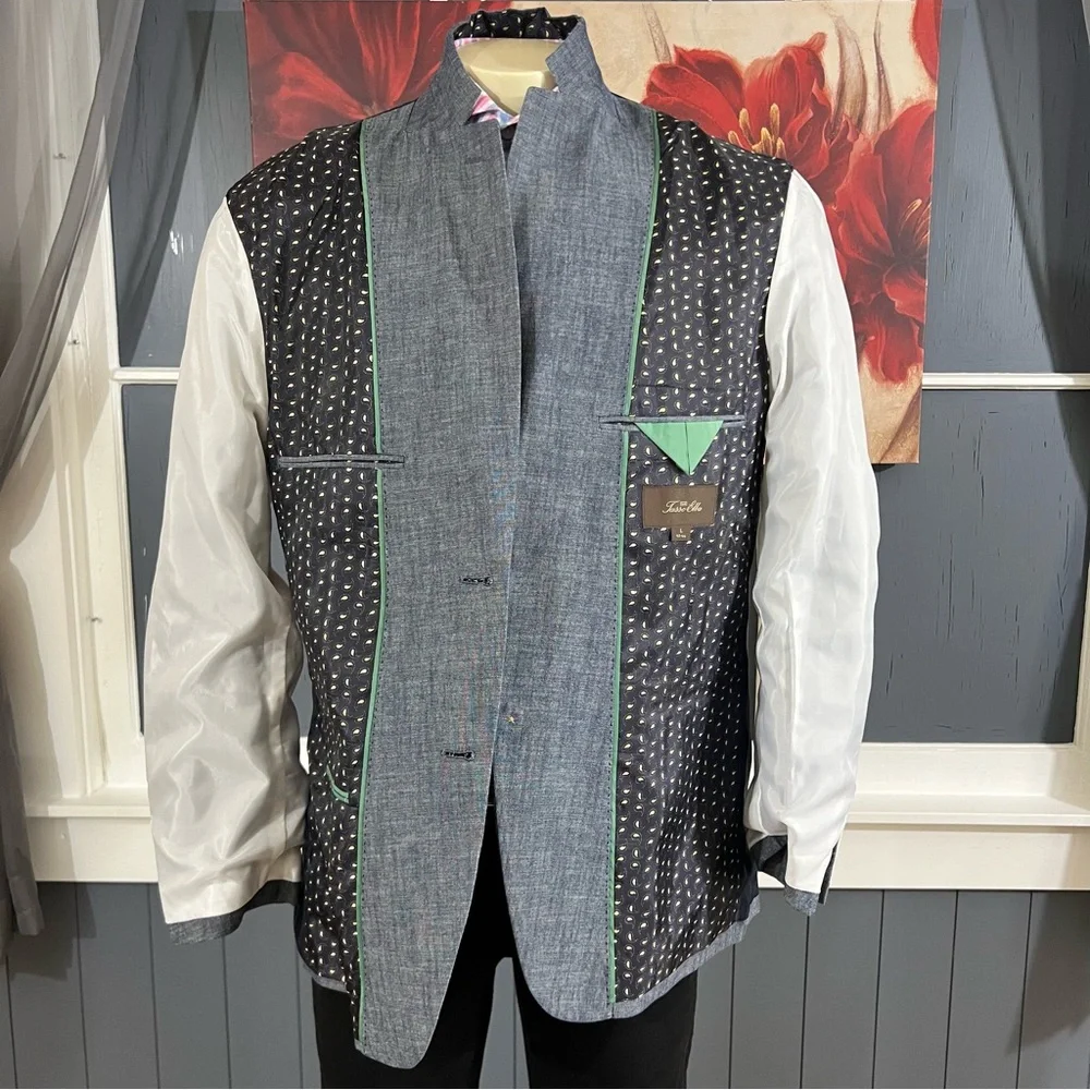 Tasso Elba Blazer Mens sz Large (42R-44R) Chambray Cotton Sport‎ Coat Jacket